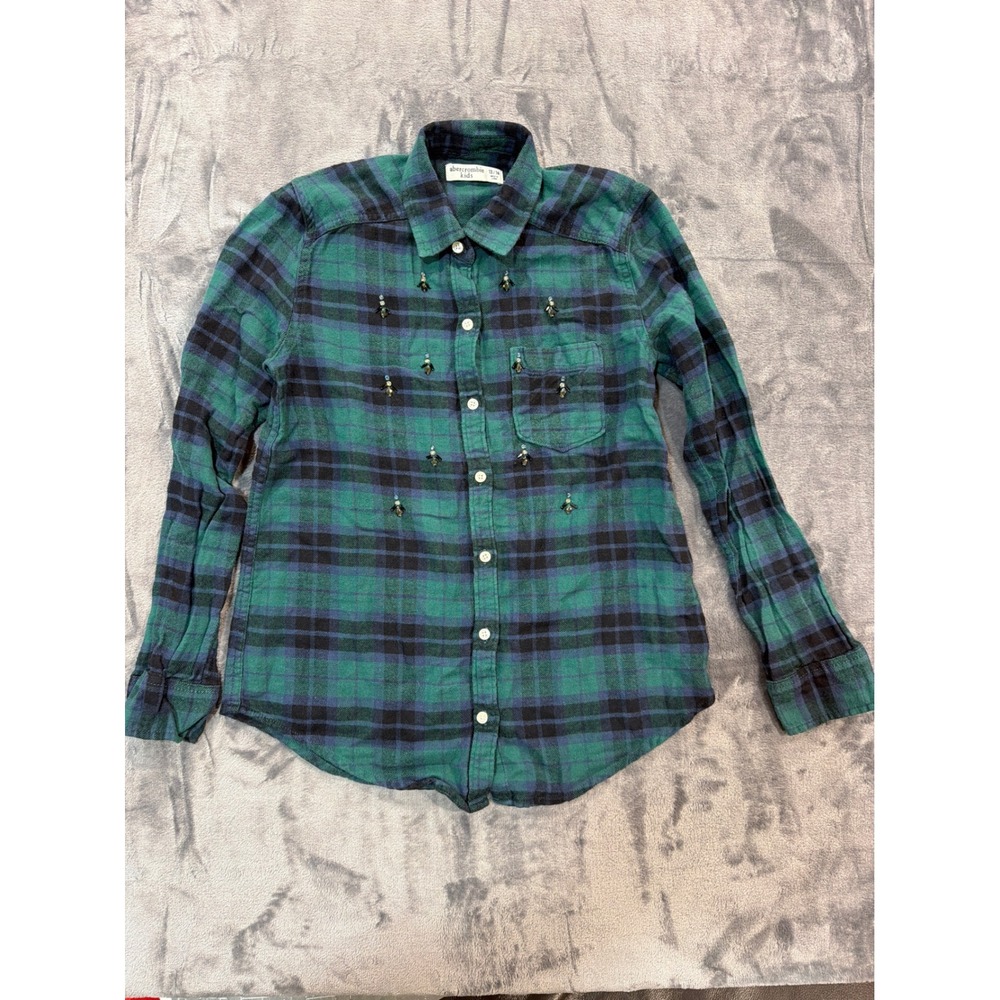 Abercrombie Kids Flannel Shirt Girls Green Blue Plaid Bee Embellished Size 13/14